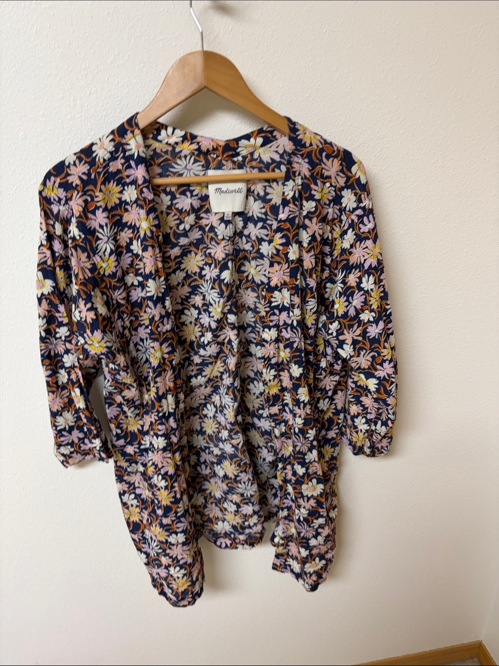 Madewell Navy Floral Open-Front Cardigan with Pink & Yellow Blooms women’s M